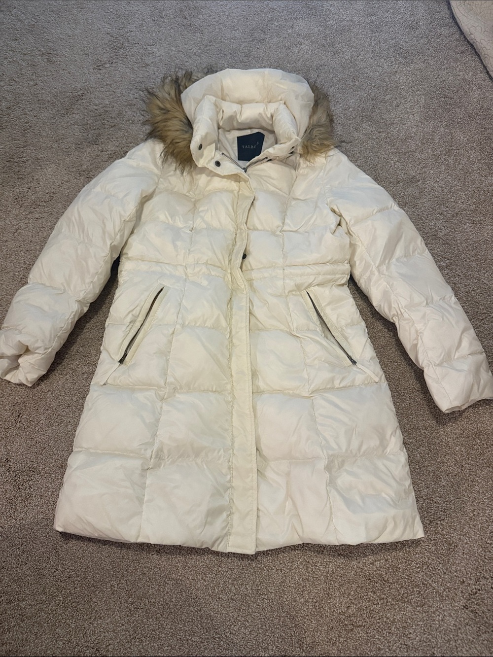 Talbots Ivory Hooded Puffer Coat with Faux-Fur Trim